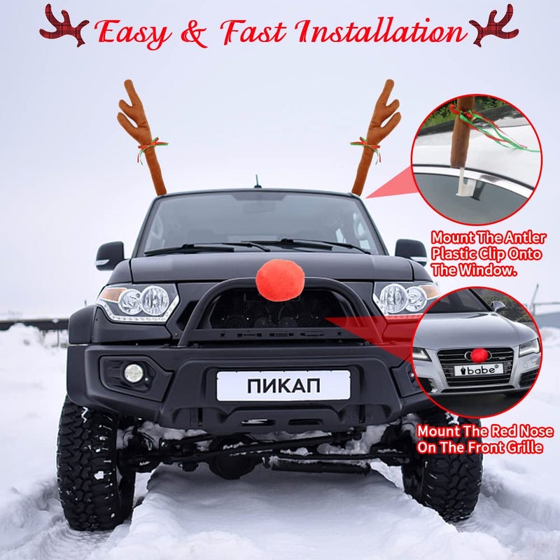 Abnaok Car Reindeer Antler Kit and Nose, Reindeer Christmas Decoration for Car Window Roof-Top & Front Grille,Christmas Reindeer Antlers Auto Decoration Set for Car SUV Van Truck - Image 4
